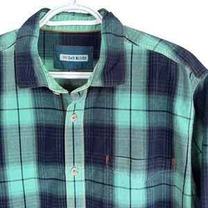 32 Bar Blues Button Down Shirt Mens L Teal Plaid Long Sleeve Cotton